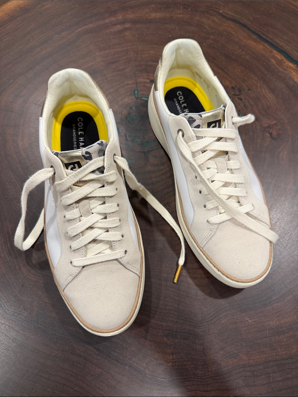 Cole Haan Women’s Cream & White Suede Leather Sneakers with Yellow Insole